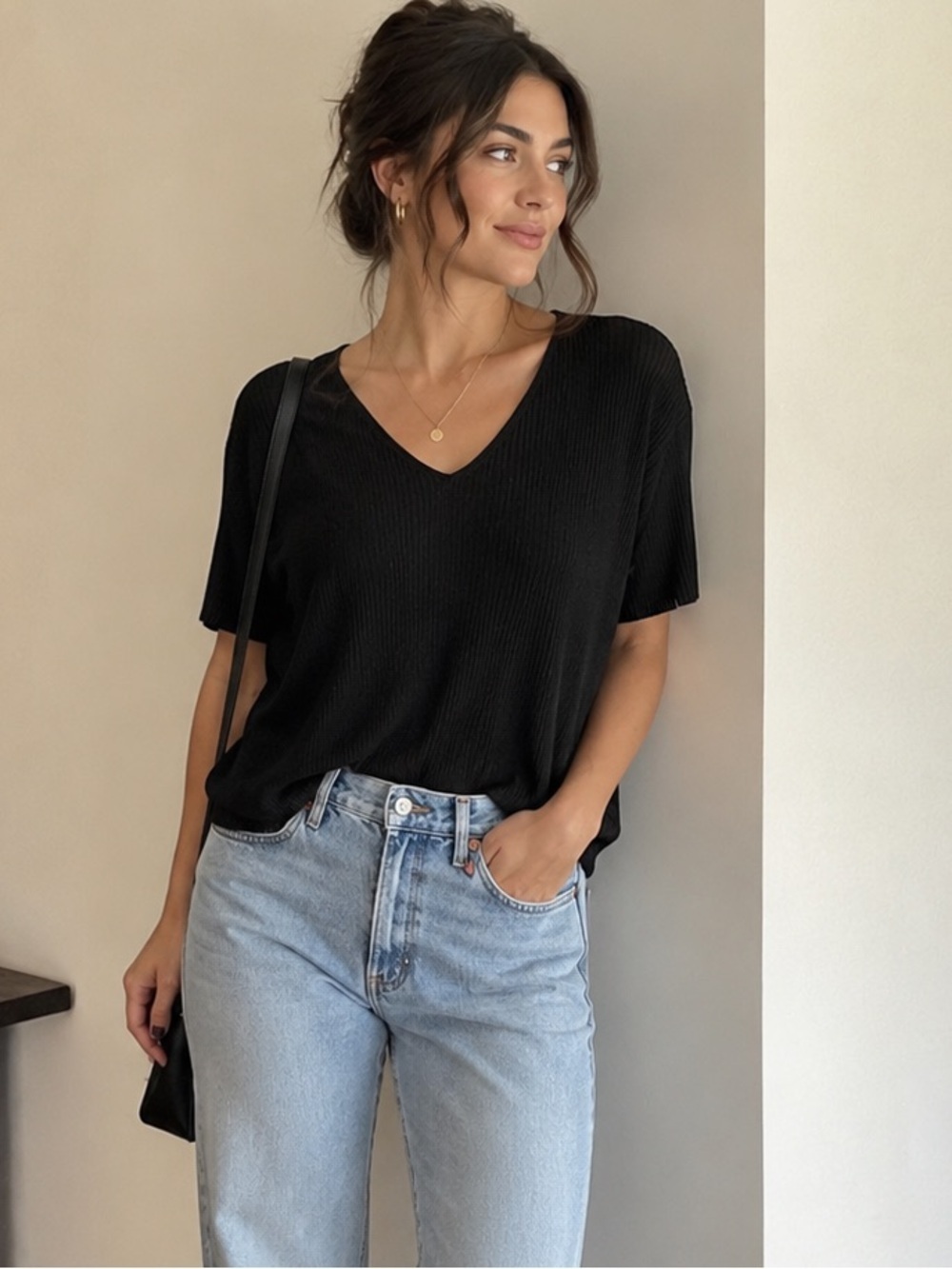 August Silk Knits 100% Silk Black Ribbed V Neck Short Sleeve Top XL